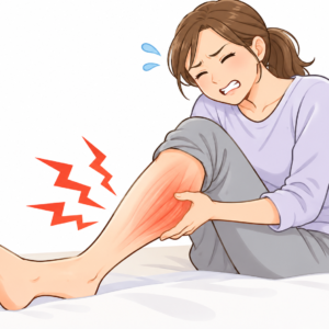 ふくらはぎの激痛に悶える女性
