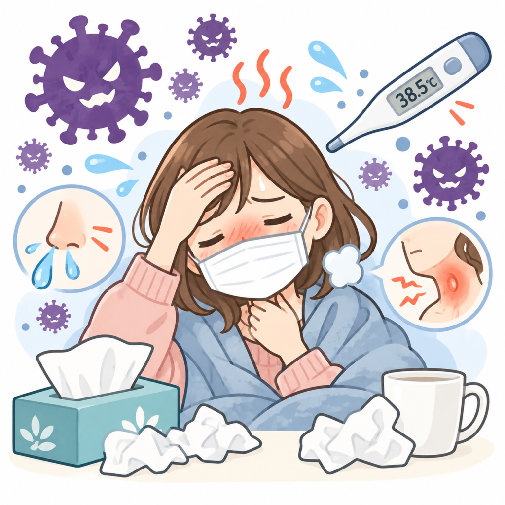 風邪でつらそうな女性と症状アイコン