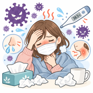 風邪でつらそうな女性と症状アイコン